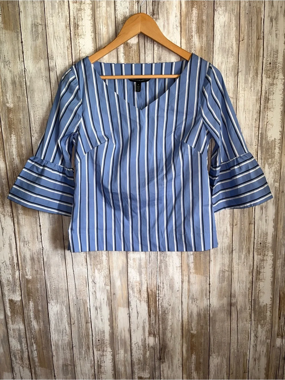 White House Black Market Blue Stripe Bell Sleeve Cotton Stretch Top Size 0 - Picture 2 of 8